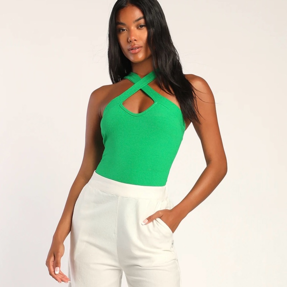 LULU’S WEEKEND OUTING GREEN RIBBED CROSS-FRONT BODYSUIT